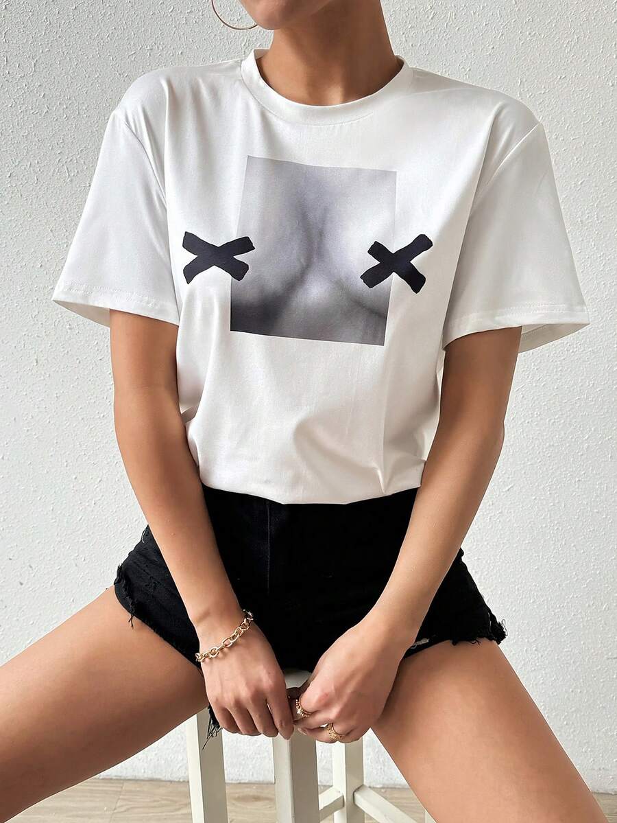 SHEIN Privé Nam In Ngắn tay Áo thun Với Con người Giải phẫu học Mẫu - trắng - Xem 1