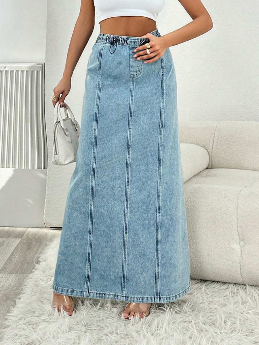 RueChic Women's Drawstring Waist, Back Slit, Straight Denim Skirt - Medium Wash - View 1