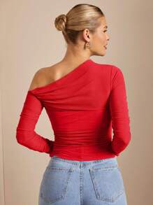 SHEIN BAE 露肩褶皺透視合身 T 卹 - 紅色 - 查看 2
