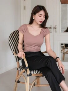 DAZY Solid Color Short Sleeve T-Shirt With Heart-Shaped Collar And Pleats Summer,Ruffle - Dusty Purple - View 7