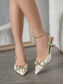 Fall/Winter 2025 Women's Chain Decor Floral Embroidery Pointy Toe Slingback Kitten Heel Mules, Slip-On Fashion Comfortable Pumps For Elegant Party, Wedding, Formal Occasions, Spring/Summer, Green Heels, Elegant,Pointed Heels - Green - View 4