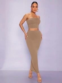 SHEIN BAE 女士純色束身上衣和裙子套裝,帶皺摺設計 - 卡其色 - 查看 1
