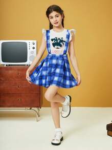 HARRY POTTER X SHEIN Cô gái Tween Phong cách Preppy In Tartan Váy yếm - Màu xanh lam - Xem 6