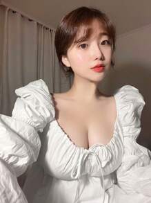 DAZY Round Neck Tie Waist Ruffle Sleeve Dress, Fall Dress Long Sleeve Dress - White - View 1
