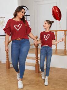 SHEIN Tween Girl Dệt Kim Trái Tim In Hình Cong Viền Áo Thun Nữ Tay Ngắn Đơn Giản Với Vai Cut Out Và Chi Tiết Xoắn - Màu Đỏ Sâu - Xem 6