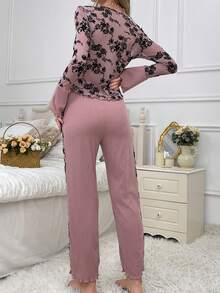 Floral Patchwork Print Comfortable Pajamas Set - Dusty Pink - View 2