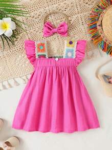 Baby Girl Simple & Cute Summer New Style Knitted Cap Sleeve Dress - Hot Pink - View 2