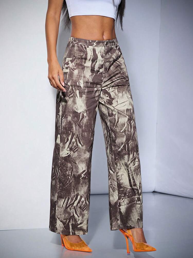 Vintage Brown Tie Dye Faded Pattern Low-Waist Zipper Wide Leg Pants Women Summer Trousers