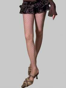 ROMWE Goth 1 đôi Của phụ nữ Cà phê Màu sắc Nhỏ bé Pha lê Lưới Vớ lưới cá , Tất cả các mùa - Cà phê nâu - Xem 4