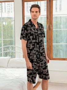 Conjunto De Ropa De Hogar De Manga Corta Y Pantalones Cortos Con Estampado Geométrico Para Hombres