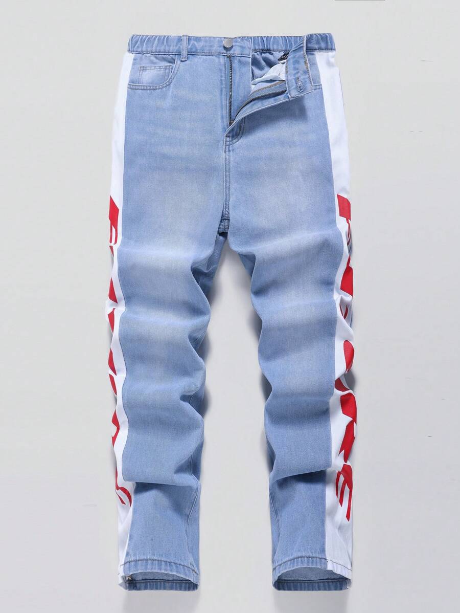 SHEIN Teen Boy Casual Wide Leg Color Block Blue Denim Jeans With Letter Printed, For Spring And Summer Outfits