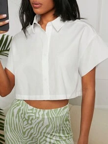 SHEIN EZwear Women's Solid Color Drop Shoulder Cropped Shirt - White - View 6
