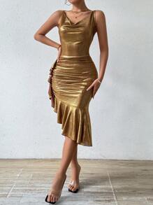 Chiquease Solid Color Ruffle Decor A-Line Dress For New Year Holiday Party Clothes Maxi Women Outfit - Gold - View 6