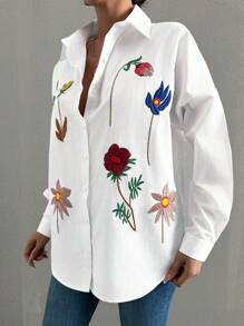 EURMUSE Oversized Embroidered Flower Pattern Casual Long Sleeve Shirt - White - View 2