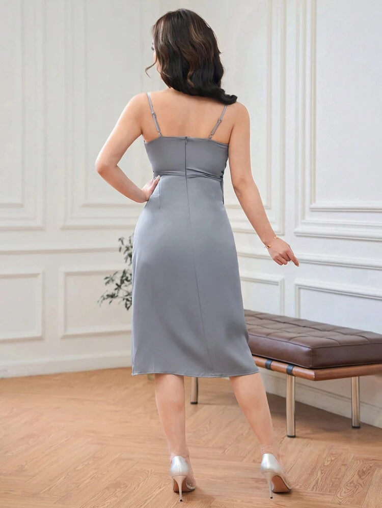 Vestido camisero con cuello en V y frente retorcido de unicolor, vestido semiformal, vestido de fiesta de cumpleaños, vestido de cóctel elegante para mujer