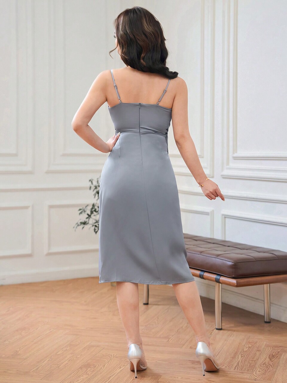 Light Blue Summer Seductive Wedding Guest Solid Color Twisted Front Wrap V-Neck Cami Dress,Semi Formal Birthday Prom Homecoming Elegant Cocktail Dress