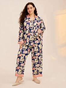 LUVLETTE 女士加大码花卉缎面长款睡衣套装家居服内衣，秋季服装 - 藏蓝色 - 查看 2