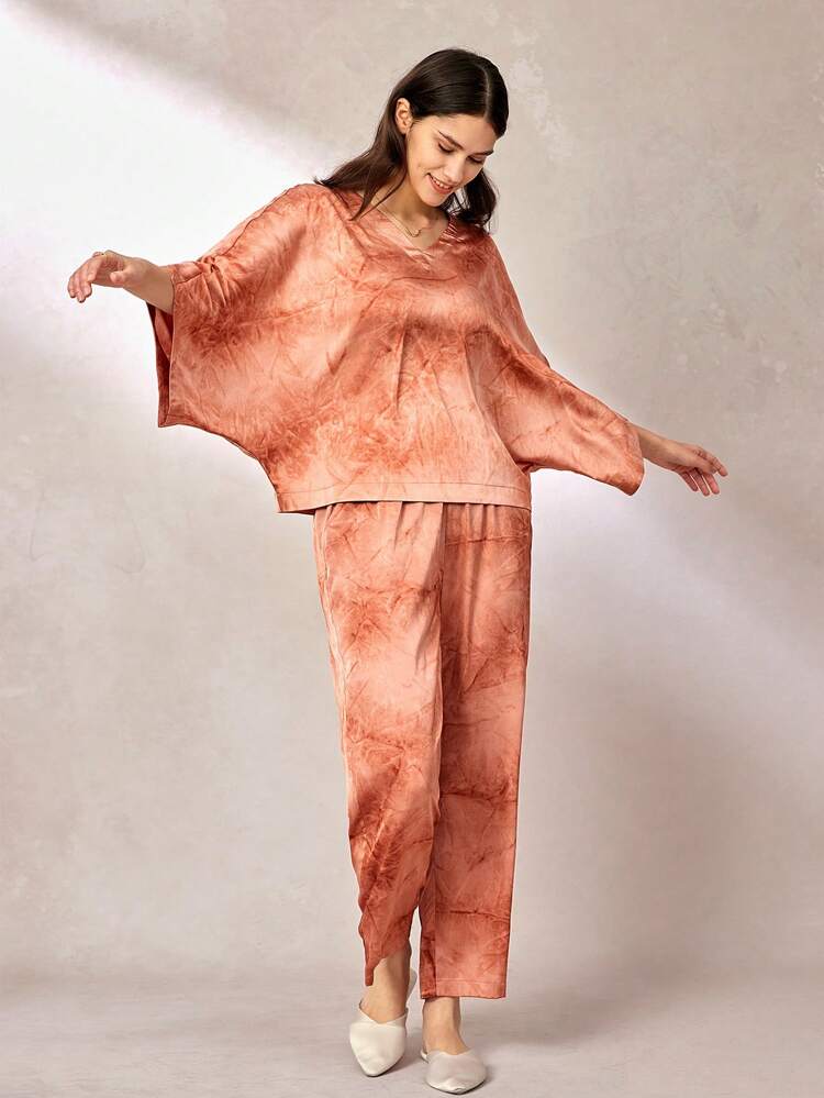 Vacation Satin Tie-Dye Batwing Sleeves Long Women Pajama Set Lingerie As Outerwear Lounge Sets For Women, Fall Clothes