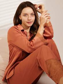 LUVLETTE Conjunto de pijama largo de satén con adorno de encaje para mujer, conjunto de lencería de descanso