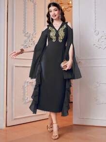 Modelyn Embroidered Detailing Cold Shoulder Neckline Cinching Waist Ruffle Hem Decorated Dress Long Evening Dresses - Black - View 6
