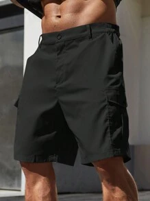 SHEIN Manfinity Homme Pantalones Cortos Casuales Para Hombres De Talla Grande Con Bolsillo Volcado Y Color Sólido - Negro - Ver 4