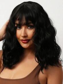 女士合成耐熱卷髮假髮,自然黑色長20英寸,整體機器製造,適用於日常使用 - 黑色 - 查看 1