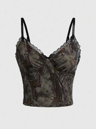 Goth Top Sin Mangas De Cuello En V Para Mujer Con Estampado De Ramas De Árbol Oscuro Y Hojas Secas