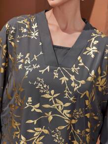 Al Najma Ladies' Arabian Floral Print Long Sleeve Long Shirt Kaftan Jalabiya Dress - Purple - View 4