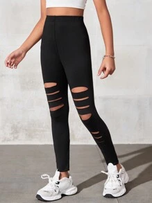 SHEIN Tween 女童针织纯色破洞休闲紧身裤 - 黑色 - 查看 4