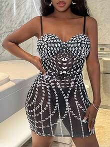 Slaydiva 女士性感仿水晶透明细肩带紧身迷你连衣裙 - 黑色 - 查看 5