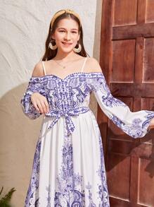 SHEIN Teen Girl Elegant Lantern Sleeve V-Neck Wrap Belted Guava Printed Dress - Blue - View 6