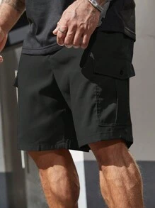 SHEIN Manfinity Homme Pantalones Cortos Casuales Para Hombres De Talla Grande Con Bolsillo Volcado Y Color Sólido - Negro - Ver 3