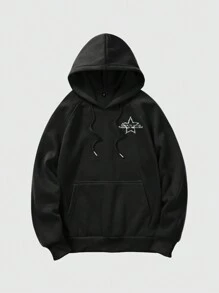 ROMWE MEN Grunge Punk 男性星星及標語圖形拉攏袖套口帽衫 - 黑色 - 查看 2