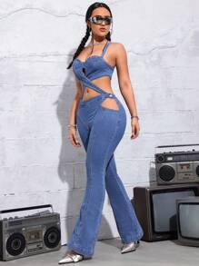 SHEIN ICON Y2k春假音樂節街頭風格性感束縛帶女士丹寧燈籠口連身褲 - 中等水洗藍 - 查看 3