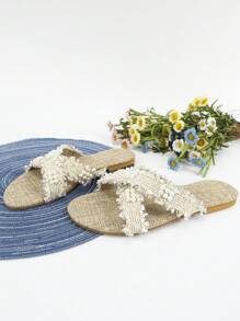 女款圓頭十字綁帶流蘇珍珠扣平底涼鞋,簡約舒適設計拖鞋 - 杏色 - 查看 5