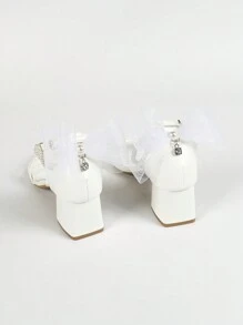 女士高跟厚底凉鞋，饰有人造珍珠和蝴蝶结，露趾踝带，舒适鞋款，适合情人节、春夏穿搭 - 白色 - 查看 7