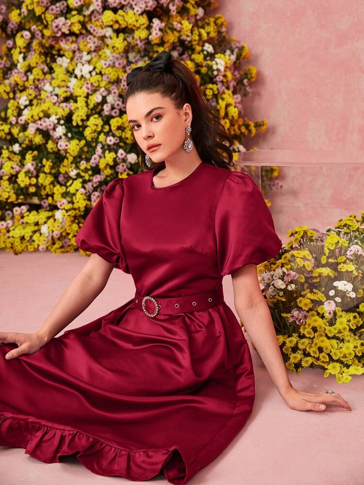 Solid Color Round Neck Bubble Sleeve Ruffled Hem Dress Long Evening Dresses