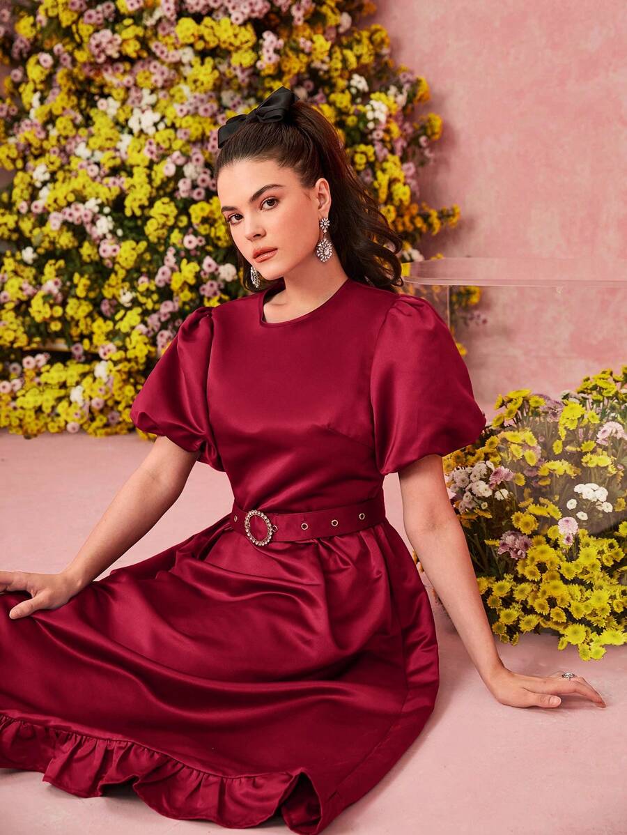 Modelyn Đầm dạ hội dài cổ tròn tay bồng bèo nhún màu trơn - Đỏ - Xem 1