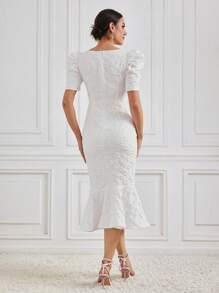 Modelyn Women's Solid Color Jacquard Square Neckline Puff Sleeve Ruffle Hem Bubble Dress - White - View 2