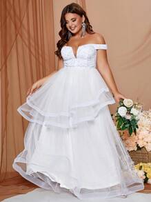 Plus Size Off Shoulder Sparkly Tulle Wedding Dress With Sequin Detail - White - View 4