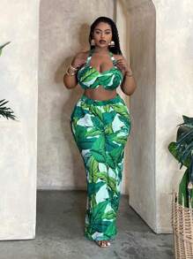 Slaydiva Plus Size Ladies' Loose Fit Beach Vacation Three-Piece Set With Tropical Plant Print, For Summer - Green - View 4