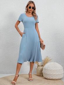 SHEIN LUNE Màu thuần Sọc Vòng cổ Đầm giản dị - Màu xanh lam - Xem 5