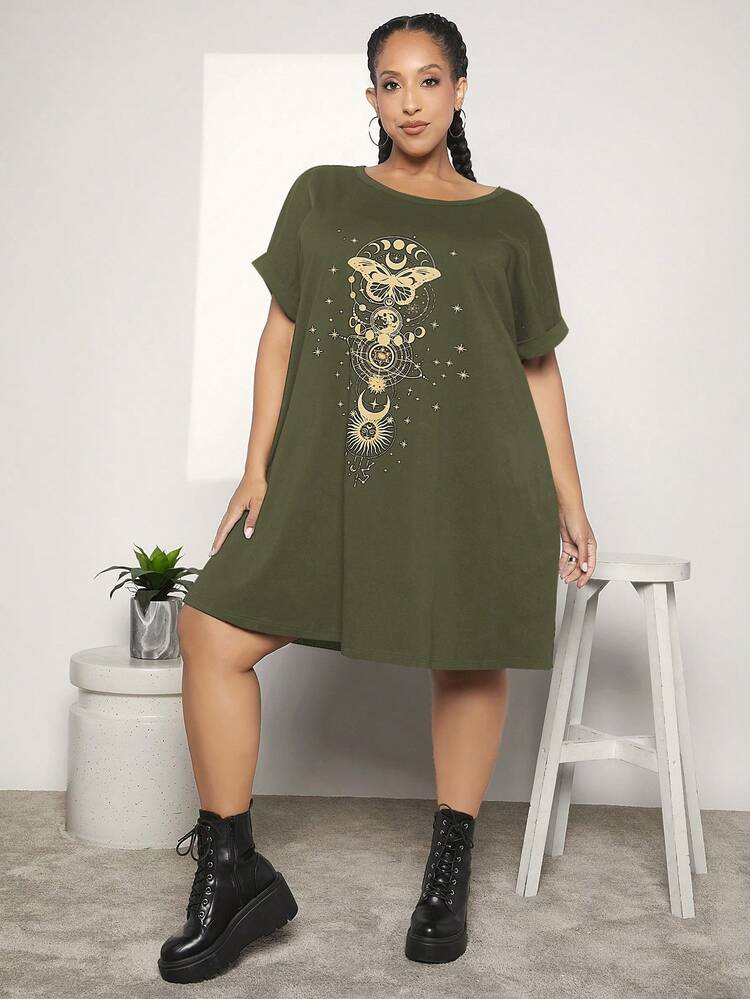 shein plus size emerald green dress SHEIN Plus Puff Sleeve Fold Pleated Dress