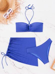 SHEIN Swim Conjunto de bikini de textura en unicolor con cuello halter y traje de baño separado, para el verano en la playa
