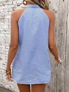 SHEIN VCAY 女款條紋領露肩上衣 - 藍白色 - 查看 2