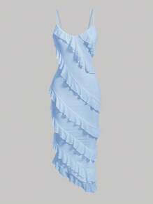 SHEIN MOD Váy suông xẻ tà bất đối xứng màu trơn cho nữ - Màu xanh lam - Xem 1