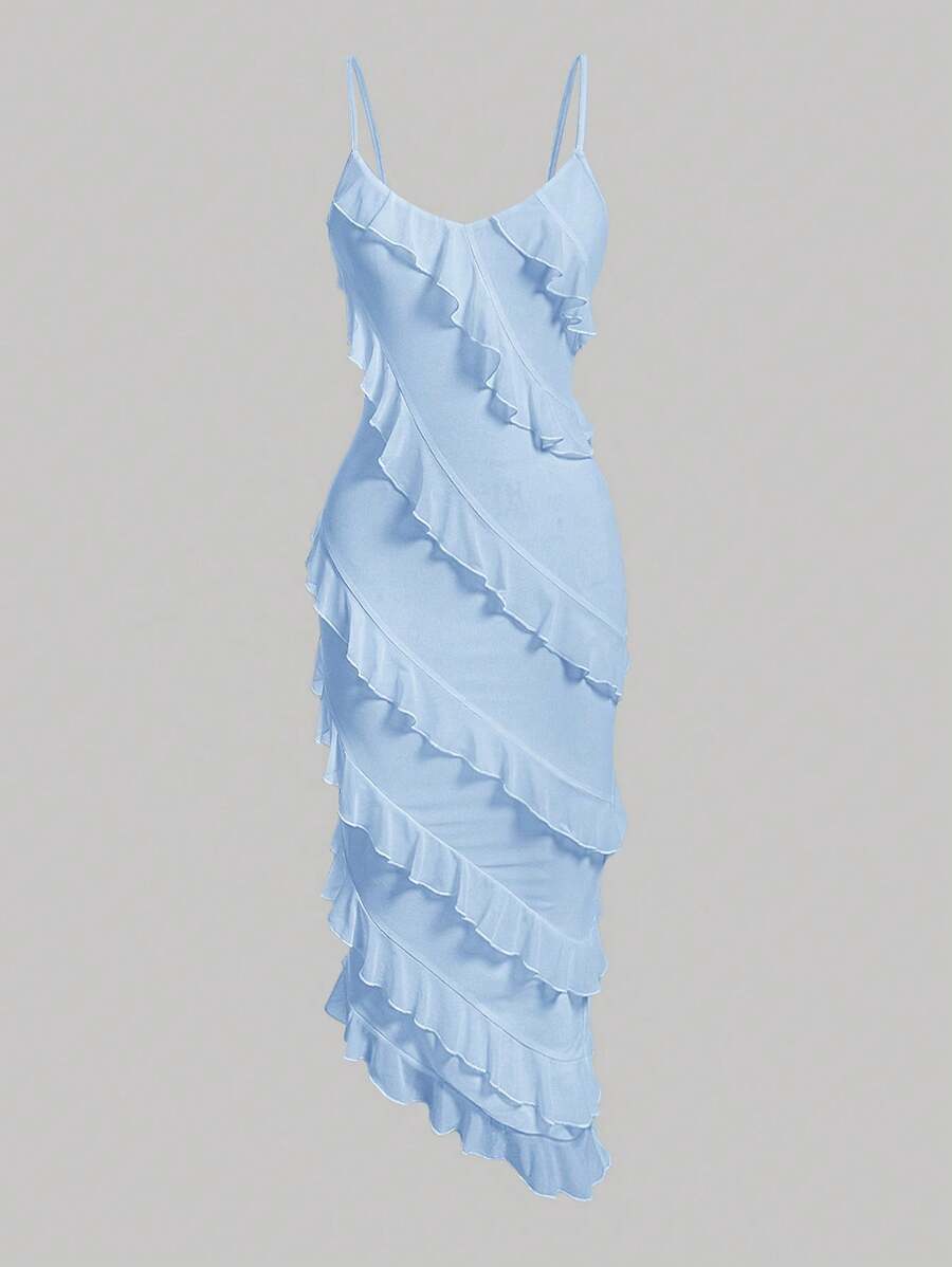 SHEIN MOD Váy suông xẻ tà bất đối xứng màu trơn cho nữ - Màu xanh lam - Xem 1