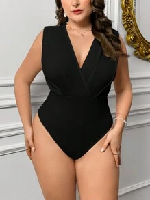 SHEIN Privé Elegant Solid Color Plus Size Women's Sleeveless Bodysuit With Crossed & Pleated Details - Black - View 2