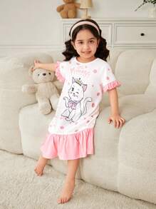 SHEIN Young Girl Round Neck Short Sleeve Cartoon Pattern Casual Cute Sleep Dress With Contrast Color Ruffle Cuffs - Pink - View 4