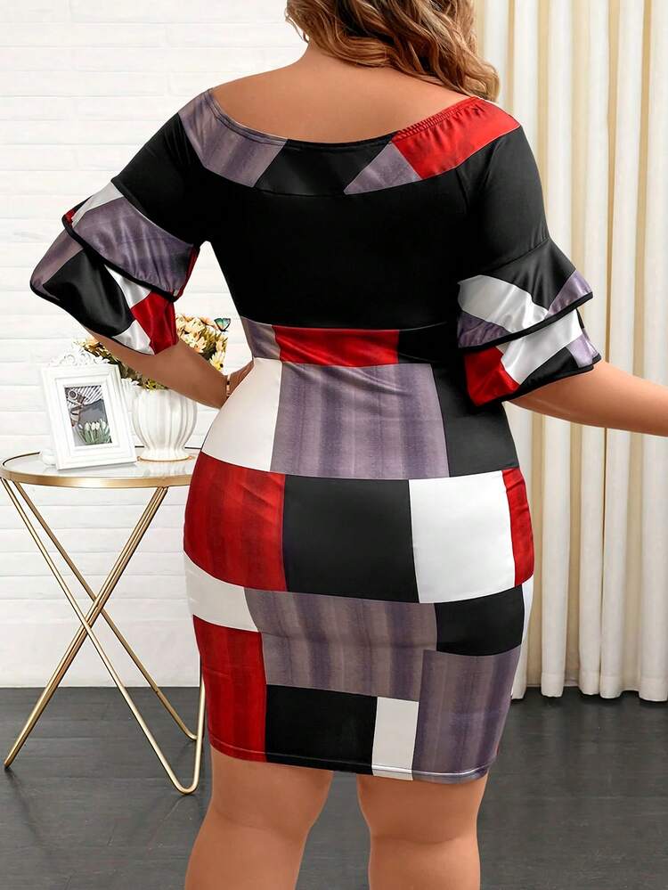Women's Plus Size Ruffle Sleeve Patchwork Printed Dress